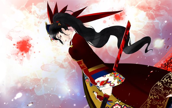 Anime picture 1680x1050 with tower of god ha yuri zahard siu (artist) single black hair red eyes wide image ponytail traditional clothes japanese clothes girl hair ornament bow weapon hair bow sword kimono hairclip
