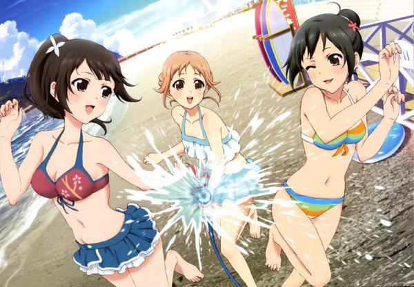 Anime picture 5889x4091 with tari tari p.a. works nyantype okita sawa sakai wakana miyamoto konatsu blush highres short hair open mouth black hair brown hair multiple girls brown eyes absurdres one eye closed wink official art beach girl