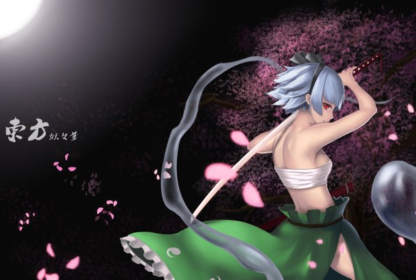 Anime picture 2650x1785 with touhou konpaku youmu wei ji single highres short hair red eyes silver hair ghost girl weapon petals sword katana moon bandage (bandages)