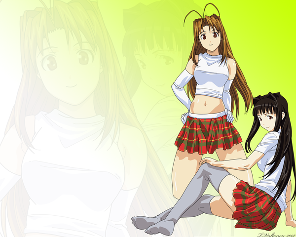 Anime picture 1280x1024 with love hina narusegawa naru aoyama motoko long hair looking at viewer black hair multiple girls ahoge pleated skirt light smile bare legs hands on hips girl thighhighs skirt navel 2 girls miniskirt