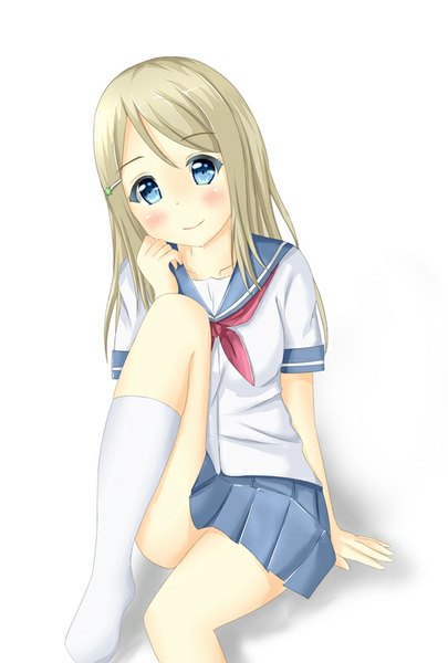 Anime picture 540x800 with love live! school idol project sunrise (studio) love live! ayase arisa tear yu single long hair tall image blush fringe blue eyes simple background smile white background grey hair girl skirt uniform hair ornament school uniform