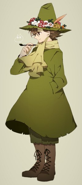 Anime picture 746x1669 with moomin snufkin newo (shinra-p) single tall image short hair brown hair brown eyes looking away light smile hand in pocket smoking boy flower (flowers) hat boots scarf pipe kiseru