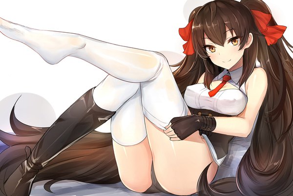 Anime picture 1197x800 with girls frontline qbz-97 (girls frontline) luse maonang single looking at viewer fringe breasts light erotic simple background smile hair between eyes brown hair large breasts white background sitting twintails brown eyes ass very long hair covered nipples