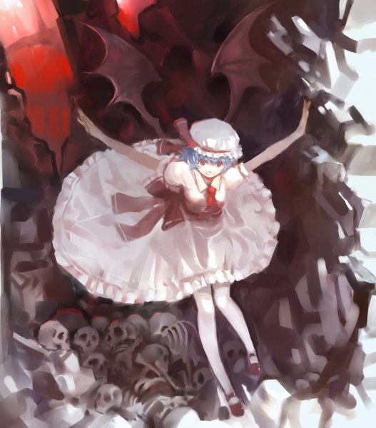 Anime picture 1055x1200 with touhou remilia scarlet zrero single tall image short hair smile red eyes blue hair spread arms bone (bones) girl dress bonnet skull