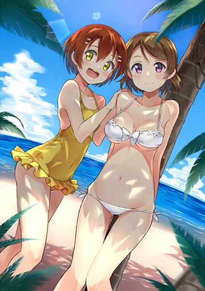 Anime picture 565x800 with love live! school idol project sunrise (studio) love live! hoshizora rin koizumi hanayo shitou (1992116210) tall image looking at viewer blush fringe short hair breasts open mouth light erotic brown hair large breasts standing purple eyes twintails multiple girls
