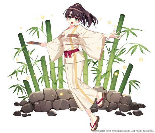 Anime picture 1200x1029 with saenai heroine no sodatekata a-1 pictures katou megumi liluo (jinha) single long hair looking at viewer blush open mouth black hair brown eyes ponytail traditional clothes japanese clothes girl plant (plants) kimono fan bamboo