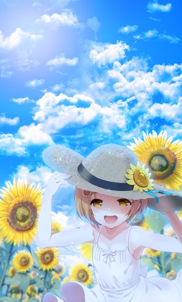 Anime picture 914x1511 with idolmaster idolmaster cinderella girls ryuuzaki kaoru akahito single tall image short hair open mouth smile brown hair bare shoulders yellow eyes looking away sky cloud (clouds) upper body outdoors :d wind armpit (armpits)