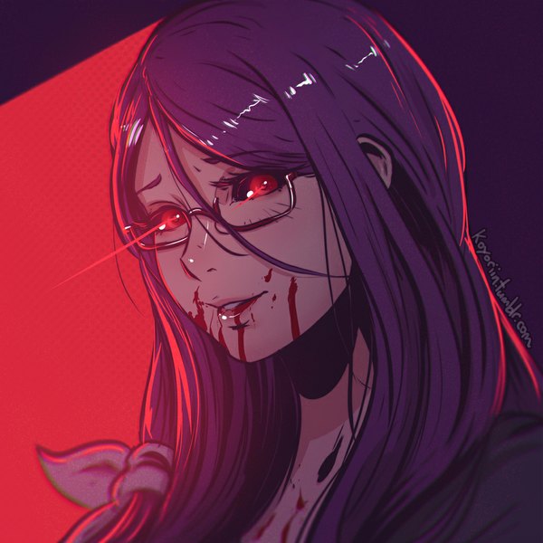 Anime picture 1024x1024 with tokyo ghoul studio pierrot kamishiro rize koyoriin single long hair looking at viewer open mouth smile red eyes signed purple hair lips glowing glowing eye (eyes) blood on face girl glasses blood