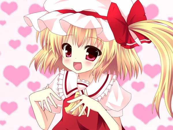 Anime picture 1280x960 with touhou flandre scarlet kuromari (runia) short hair open mouth blonde hair red eyes loli one side up girl bonnet