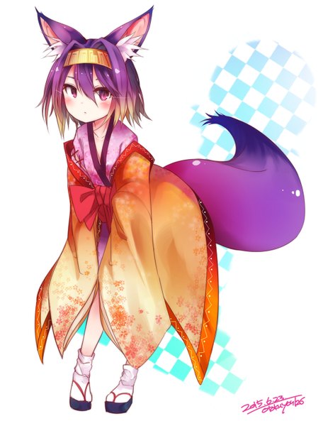 Anime picture 2182x2866 with no game no life madhouse hatsuse izuna otokuyou single tall image looking at viewer blush fringe highres short hair blonde hair simple background hair between eyes standing white background purple eyes signed animal ears purple hair