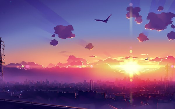 Anime picture 1920x1200 with original vania600 highres wide image sky cloud (clouds) city evening sunset cityscape panorama animal bird (birds)