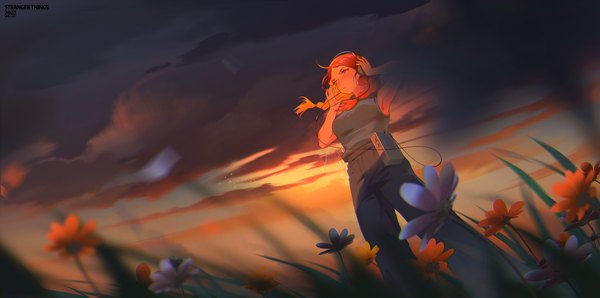 Anime picture 4602x2289 with original zm-panda- single long hair blush highres wide image standing signed looking away absurdres sky cloud (clouds) outdoors braid (braids) wind orange hair arms up from below armpit (armpits)