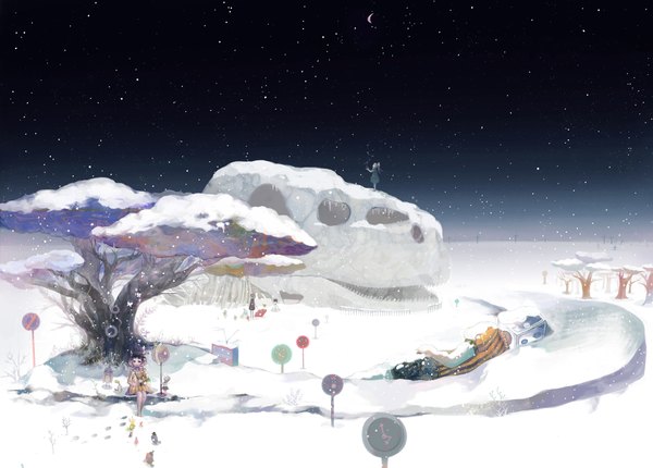 Anime picture 2072x1488 with original sarnath highres multiple girls night night sky snowing winter snow landscape crescent girl plant (plants) animal tree (trees) bird (birds) 3 girls moon star (stars) skull