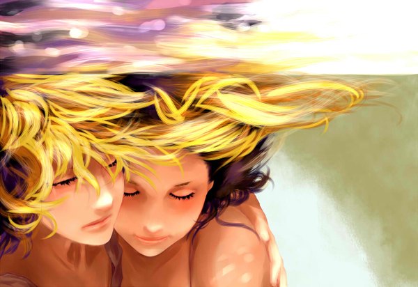 Anime picture 1280x879 with vocaloid kagamine rin kagamine len moneynew long hair short hair blonde hair eyes closed multicolored hair couple hug sleeping twins brother and sister girl boy water