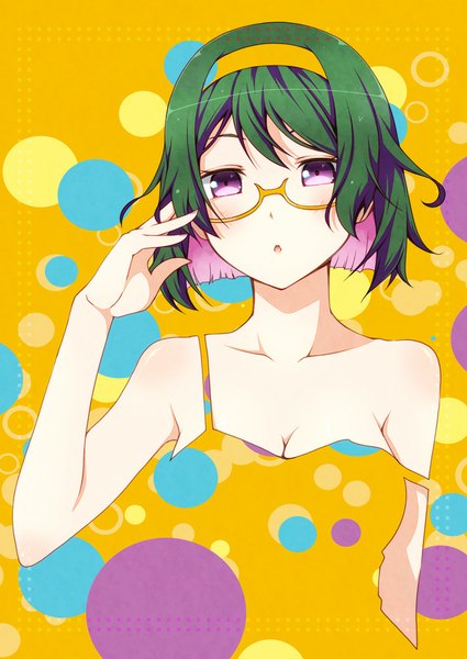 Anime picture 708x1000 with kantai collection kirishima battleship kouji (campus life) single tall image looking at viewer blush short hair purple eyes cleavage green hair off shoulder alternate color alternate hair color girl dress glasses hairband sundress