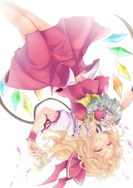 Anime picture 920x1300 with touhou flandre scarlet rimu (kingyo origin) single long hair tall image blush short hair simple background blonde hair white background eyes closed upside down girl flower (flowers) bow hair bow wings crystal wreath