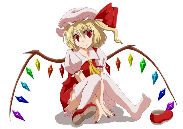Anime picture 1517x1074 with touhou flandre scarlet single short hair light erotic simple background blonde hair smile red eyes white background nail polish loli pantyshot sitting girl thighhighs white thighhighs wings bonnet