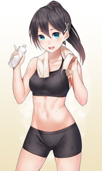 Anime picture 597x1000 with original ray-akila single long hair tall image blush open mouth blue eyes light erotic black hair simple background white background ponytail midriff towel around neck girl uniform gym uniform towel