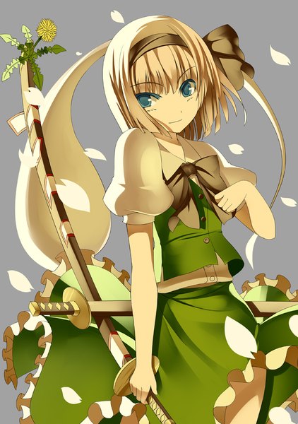 Anime picture 686x976 with touhou konpaku youmu myon kureha (ironika) single tall image fringe short hair simple background looking away white hair aqua eyes light smile grey background puffy sleeves girl skirt flower (flowers) ribbon (ribbons) weapon