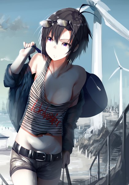 Anime picture 3500x5000 with idolmaster kikuchi makoto hews single tall image highres short hair light erotic black hair purple eyes looking away absurdres girl shorts short shorts sunglasses wind turbine