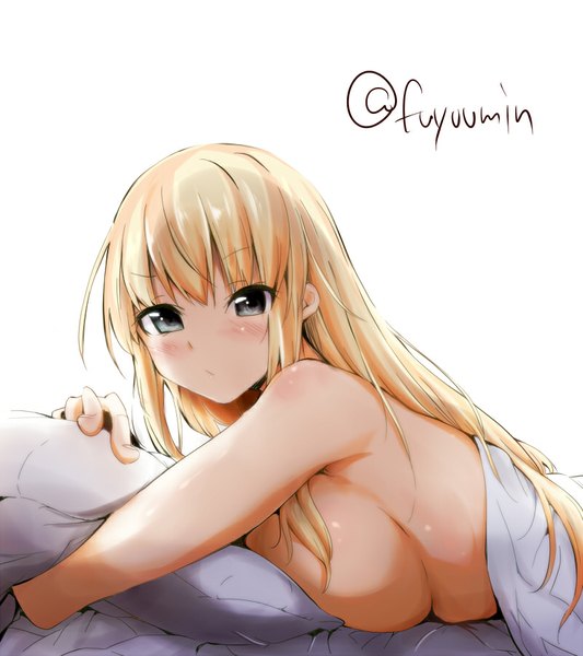 Anime picture 800x900 with kantai collection bismarck battleship fuyu mi single long hair tall image looking at viewer blush fringe breasts light erotic blonde hair large breasts signed lying black eyes sideboob on stomach girl pillow