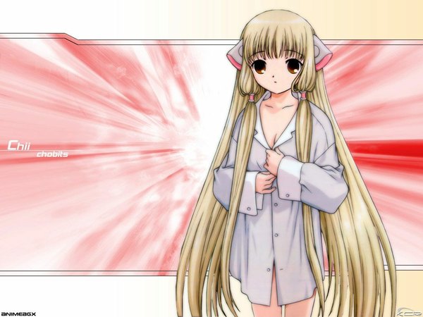 Anime picture 1024x768 with chobits chii single long hair looking at viewer fringe breasts light erotic blonde hair standing brown eyes payot long sleeves copyright name character names naked shirt girl hair ornament shirt hair tubes