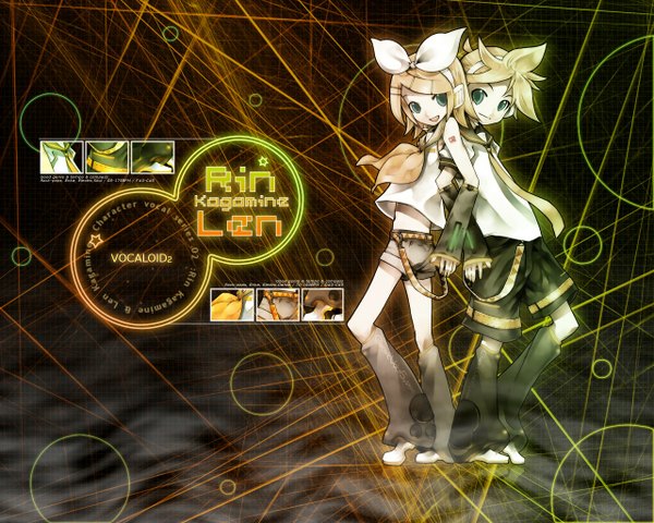 Anime picture 1280x1024 with vocaloid kagamine rin kagamine len kei (keigarou) looking at viewer short hair blonde hair full body wallpaper copyright name character names siblings twins back to back vocaloid boxart pose girl boy bow hair bow detached sleeves