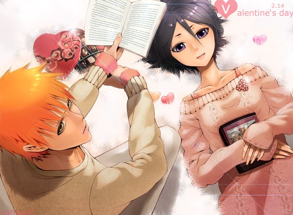 Anime picture 1720x1260 with bleach studio pierrot kurosaki ichigo kuchiki rukia trdan highres short hair black hair purple eyes yellow eyes lying orange hair couple valentine girl boy food heart sweets fur