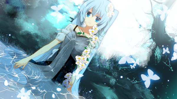Anime picture 2000x1125 with vocaloid hatsune miku marirero a single long hair highres blue eyes wide image twintails blue hair girl flower (flowers) water insect butterfly