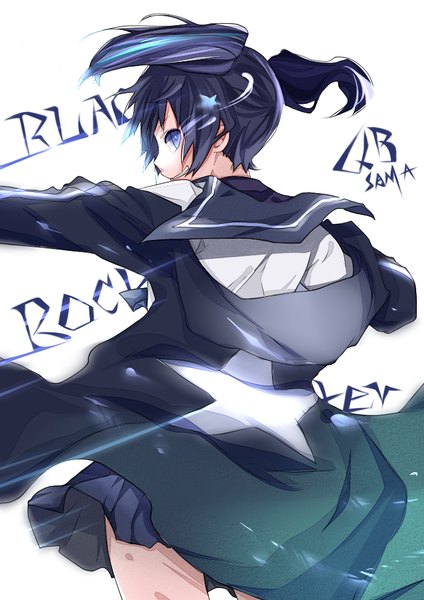 Anime picture 707x1000 with black rock shooter black rock shooter (character) kl qbsama single long hair tall image looking at viewer blue eyes black hair simple background white background twintails looking back from behind inscription alternate costume text glowing striped