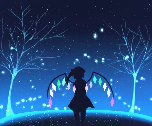 Anime picture 1200x1000 with touhou flandre scarlet sakipsakip single long hair standing outdoors from behind night night sky side ponytail snowing glow silhouette bare tree girl dress plant (plants) wings tree (trees)