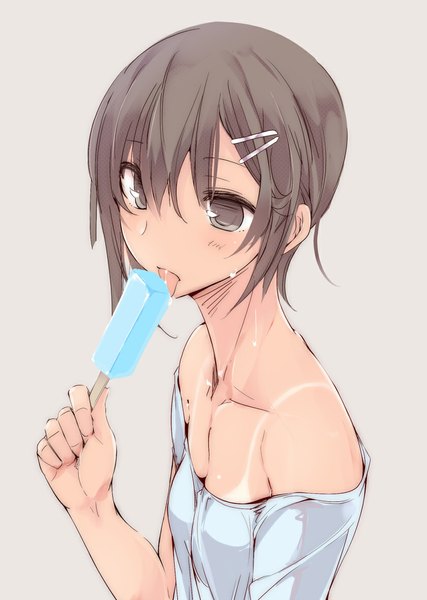 Anime picture 840x1181 with original touma raito single tall image looking at viewer short hair simple background brown hair bare shoulders holding brown eyes from above dark skin tan tan lines girl hair ornament food sweets tongue