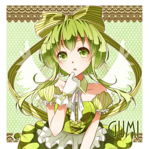 Anime picture 1500x1500 with vocaloid gumi nou single short hair bare shoulders green eyes green hair inscription character names border striped outside border girl dress gloves bow hair bow