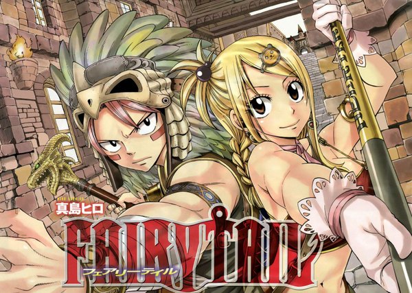 Anime picture 1600x1140 with fairy tail lucy heartfilia natsu dragneel neliel707 (artist) long hair highres short hair blonde hair smile bare shoulders brown eyes pink hair braid (braids) black eyes inscription midriff single braid muscle back to back girl