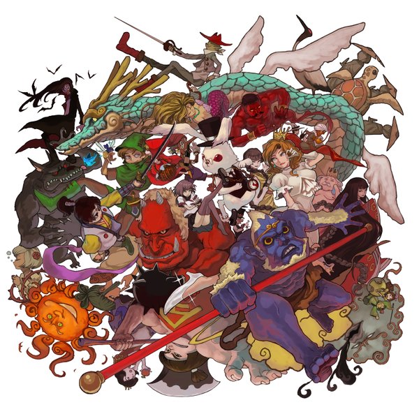 Anime picture 1516x1500 with alice in wonderland little red riding hood the little mermaid aladdin peter pan taketori monogatari puss in boots pinocchio disney little red riding hood (character) white rabbit snow white mad hatter big bad wolf cinderella tinkerbell (character) kaguya hime peter pan (character) aladdin (character) sun wukong