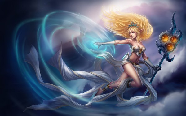 Anime picture 2000x1251 with league of legends janna windforce single long hair highres blonde hair wide image pointy ears midriff tattoo magic girl dress gloves navel white dress staff tiara