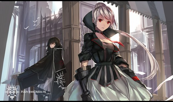 Anime picture 1196x708 with original pixiv fantasia paradise (character) swd3e2 long hair looking at viewer black hair red eyes wide image multiple girls brown eyes silver hair girl dress gloves 2 girls animal bird (birds) cape pillar