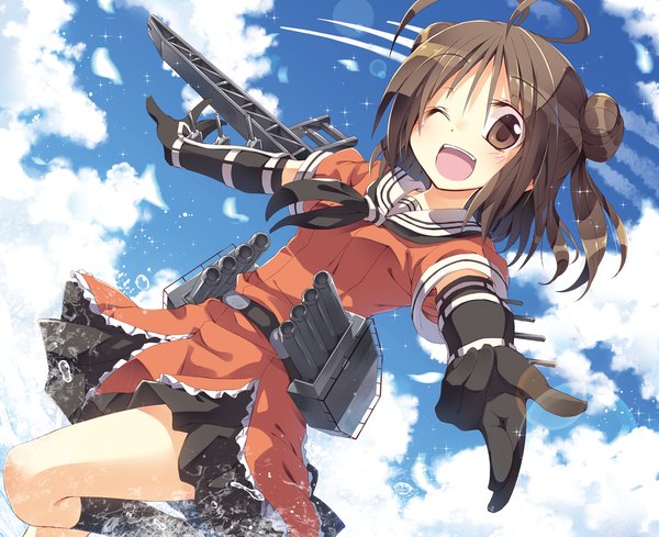 Anime picture 1226x1000 with kantai collection naka light cruiser satou kibi single looking at viewer short hair open mouth brown hair brown eyes sky cloud (clouds) ahoge one eye closed wink hair bun (hair buns) spread arms girl dress gloves weapon