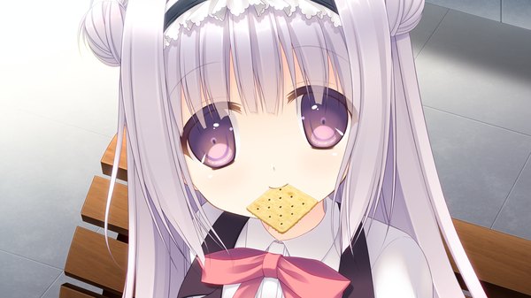 Anime picture 1280x720 with sora tobu hitsuji to manatsu no hana shiina tyris eluard hazumi rio single long hair looking at viewer wide image purple eyes game cg silver hair loli girl dress cookie (cookies)