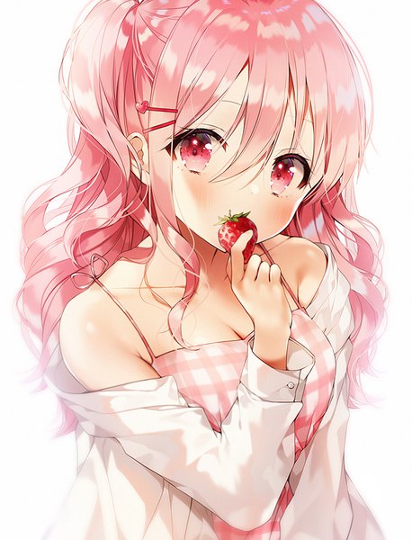 Anime picture 704x923 with original weri single long hair tall image looking at viewer blush fringe simple background hair between eyes white background bare shoulders holding payot pink hair cleavage upper body pink eyes arm up off shoulder