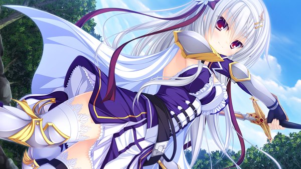 Anime picture 1920x1080 with justy nasty whirlpool (studio) onose mana mikagami mamizu long hair highres red eyes wide image game cg white hair girl thighhighs dress gloves hair ornament ribbon (ribbons) weapon hair ribbon white thighhighs sword