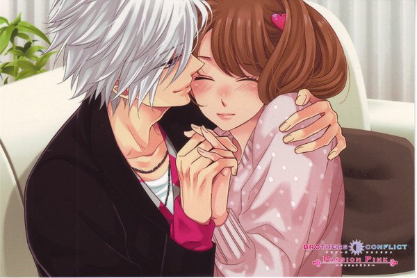 Anime picture 2341x1561 with brothers conflict idea factory asahina tsubaki ema (brothers conflict) udajo blush fringe highres smile brown hair sitting purple eyes looking away silver hair eyes closed lips scan inscription hug holding hands