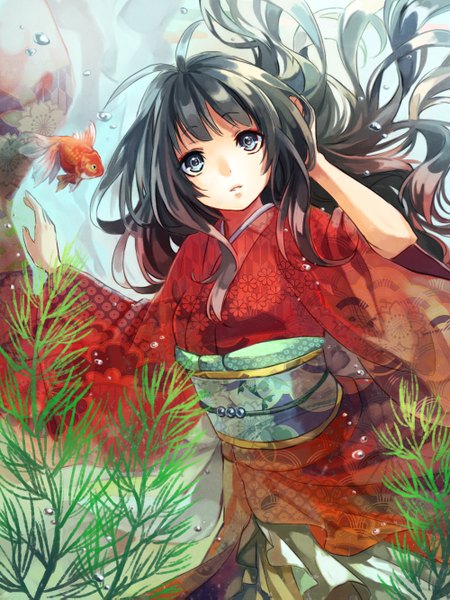 Anime picture 1000x1333 with original amaichi esora single long hair tall image looking at viewer fringe blue eyes black hair traditional clothes japanese clothes wide sleeves underwater girl plant (plants) kimono obi bubble (bubbles)