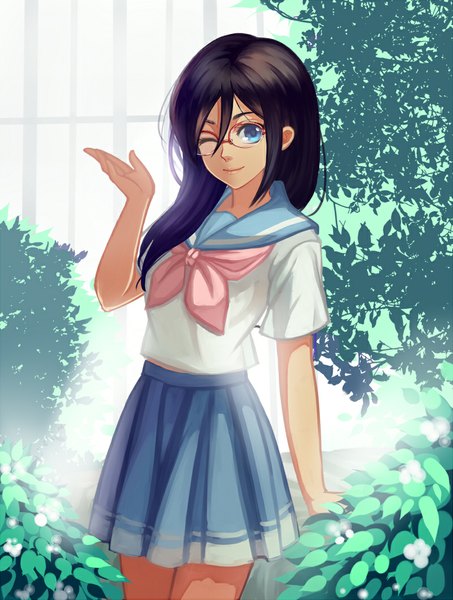Anime picture 800x1058 with hibike! euphonium kyoto animation tanaka asuka tongyaohuan single long hair tall image looking at viewer fringe blue eyes black hair smile standing purple hair pleated skirt one eye closed multicolored hair wink gradient hair girl