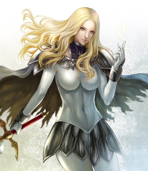 Anime picture 1200x1387 with claymore madhouse teresa pengnangehao single long hair tall image looking at viewer blush breasts blonde hair smile large breasts lips torn clothes silver eyes girl gloves navel weapon