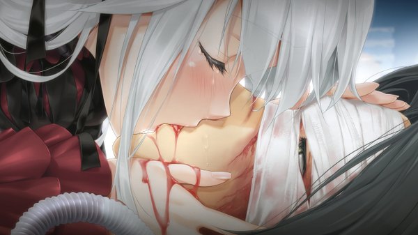 Anime picture 1280x720 with bishoujo mangekyou (game) omega star kagarino kirie happoubi jin long hair black hair wide image white hair eyes closed couple scar kiss bandage over eyes girl boy blood bandage (bandages)