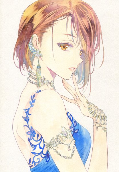 Anime picture 1040x1500 with original agahari single tall image fringe short hair simple background brown hair white background bare shoulders brown eyes looking away parted lips finger to mouth portrait traditional media watercolor (medium) girl dress jewelry