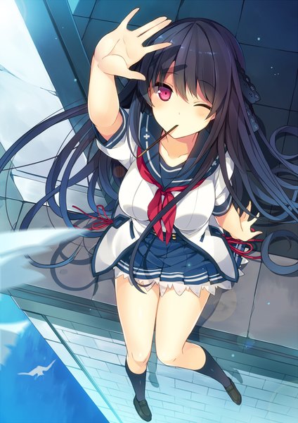 Anime picture 700x990 with ao no kanata no four rhythm sprite (company) tobisawa misaki mishima kurone single long hair tall image looking at viewer blush black hair red eyes one eye closed girl skirt uniform school uniform socks food sweets black socks