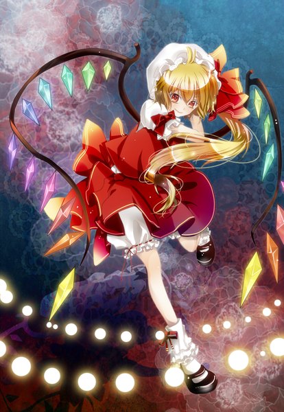 Anime picture 1145x1659 with touhou flandre scarlet hibarin (artist) long hair tall image blonde hair red eyes one side up girl bow hair bow hat wings crystal