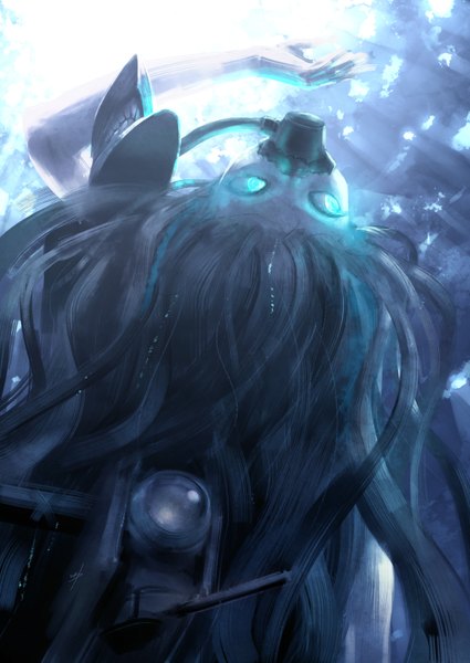 Anime picture 2507x3541 with kantai collection ka-class submarine ebizome single long hair tall image looking at viewer highres looking back aqua eyes sunlight floating hair glowing glowing eye (eyes) pale skin underwater sunbeam clenched teeth girl diving mask